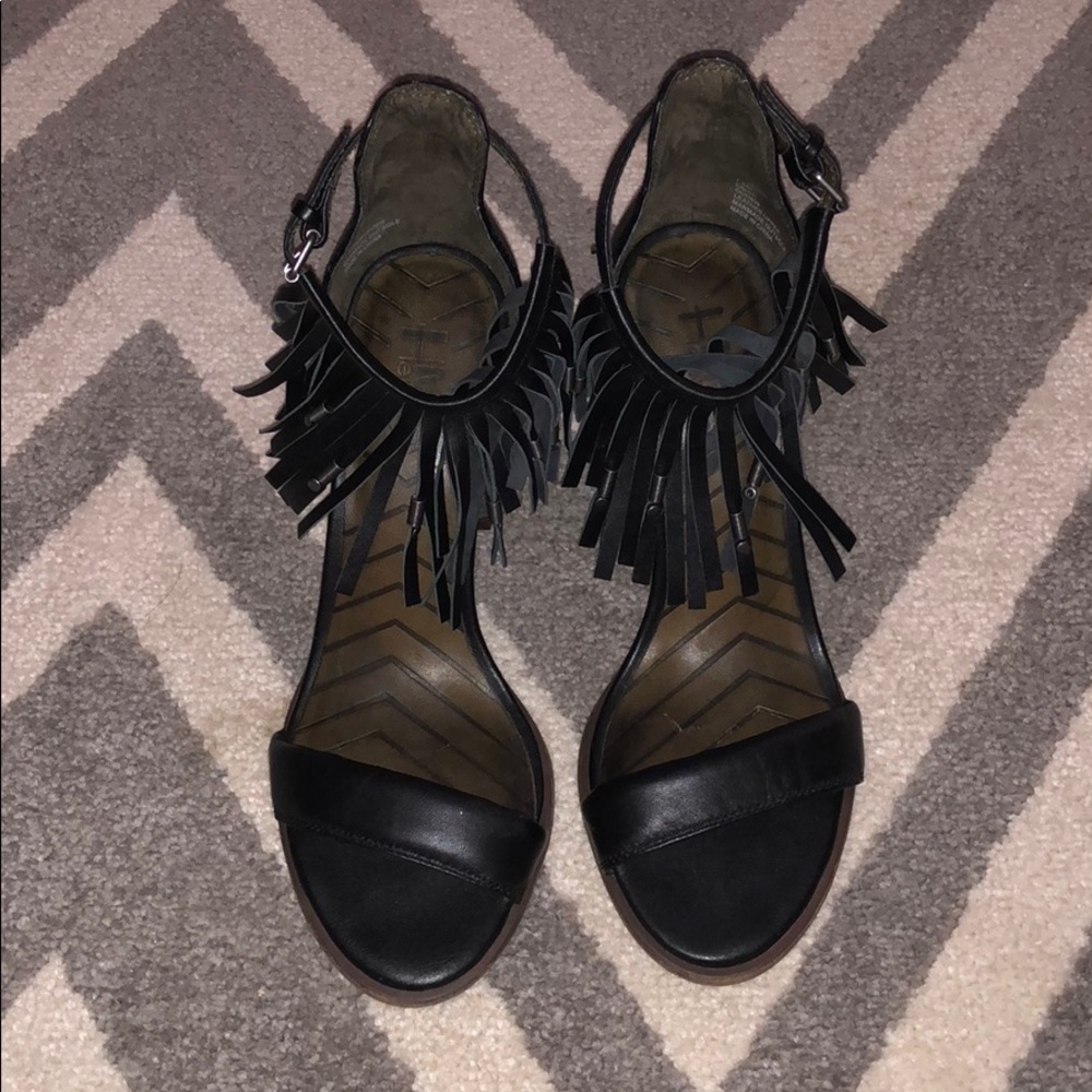 Black fringe block heels